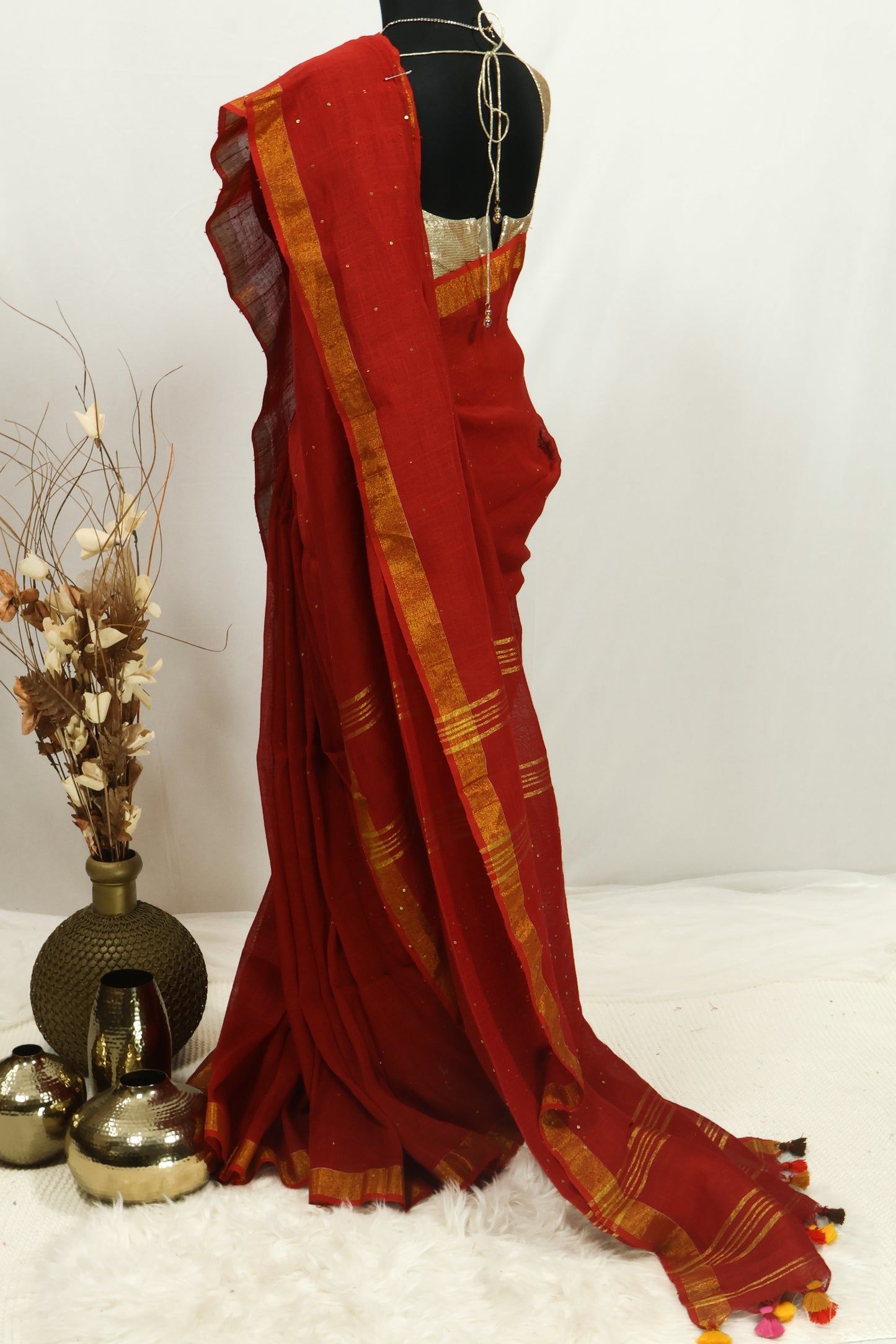 Chilli red sequence pure linen saree-S217