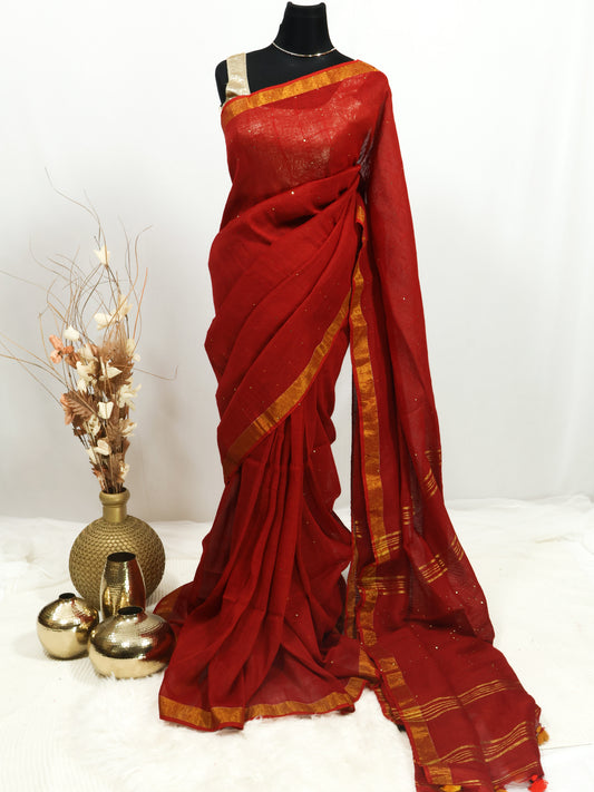 Chilli red sequence pure linen saree-S217