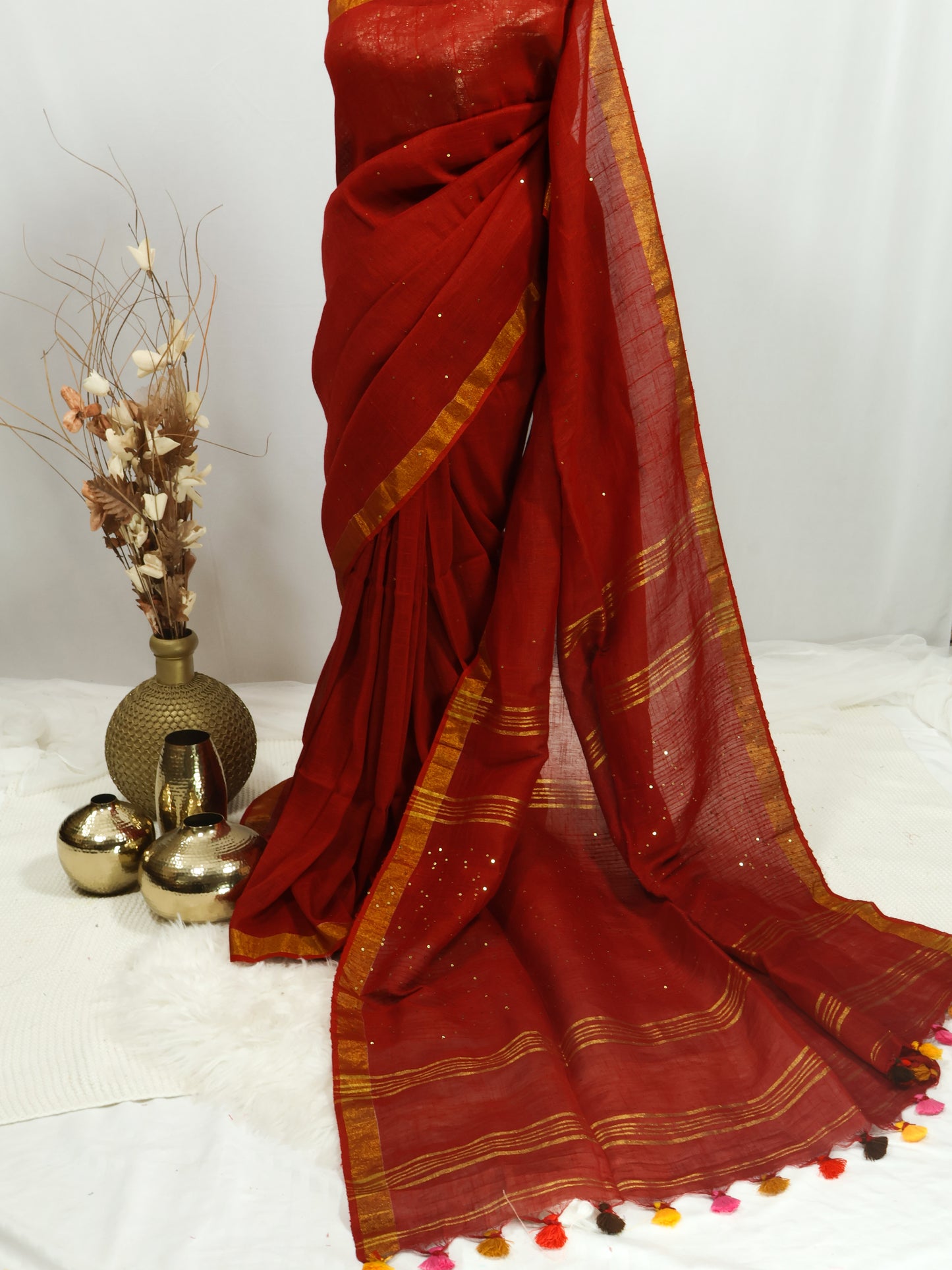 Chilli red sequence pure linen saree-S217