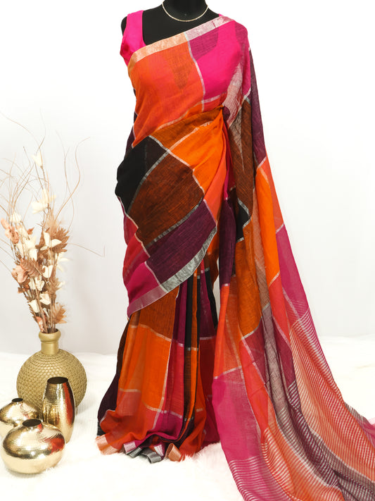 Multi color  silver box linen saree-S223