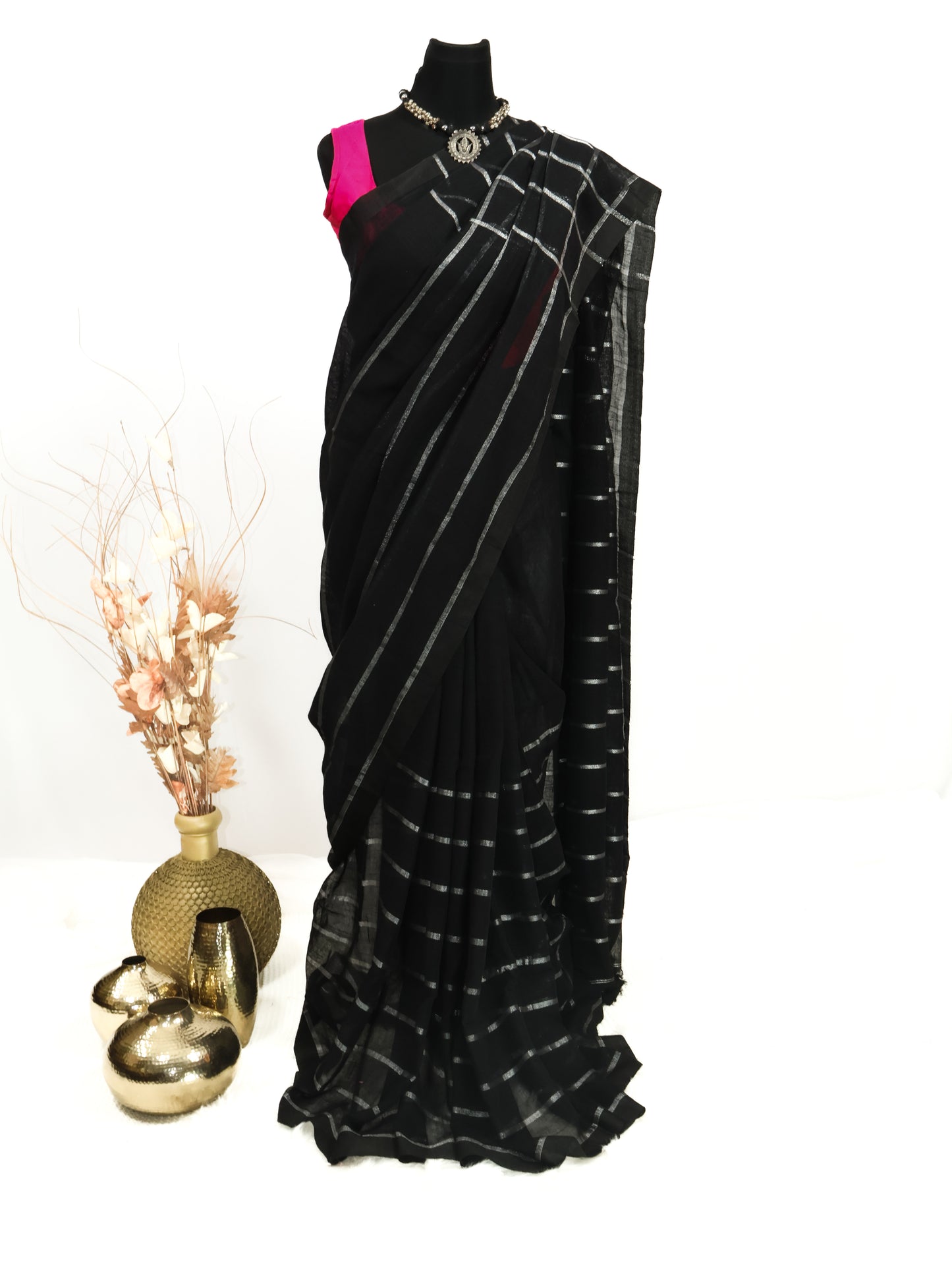 Black silver box linen saree-S220