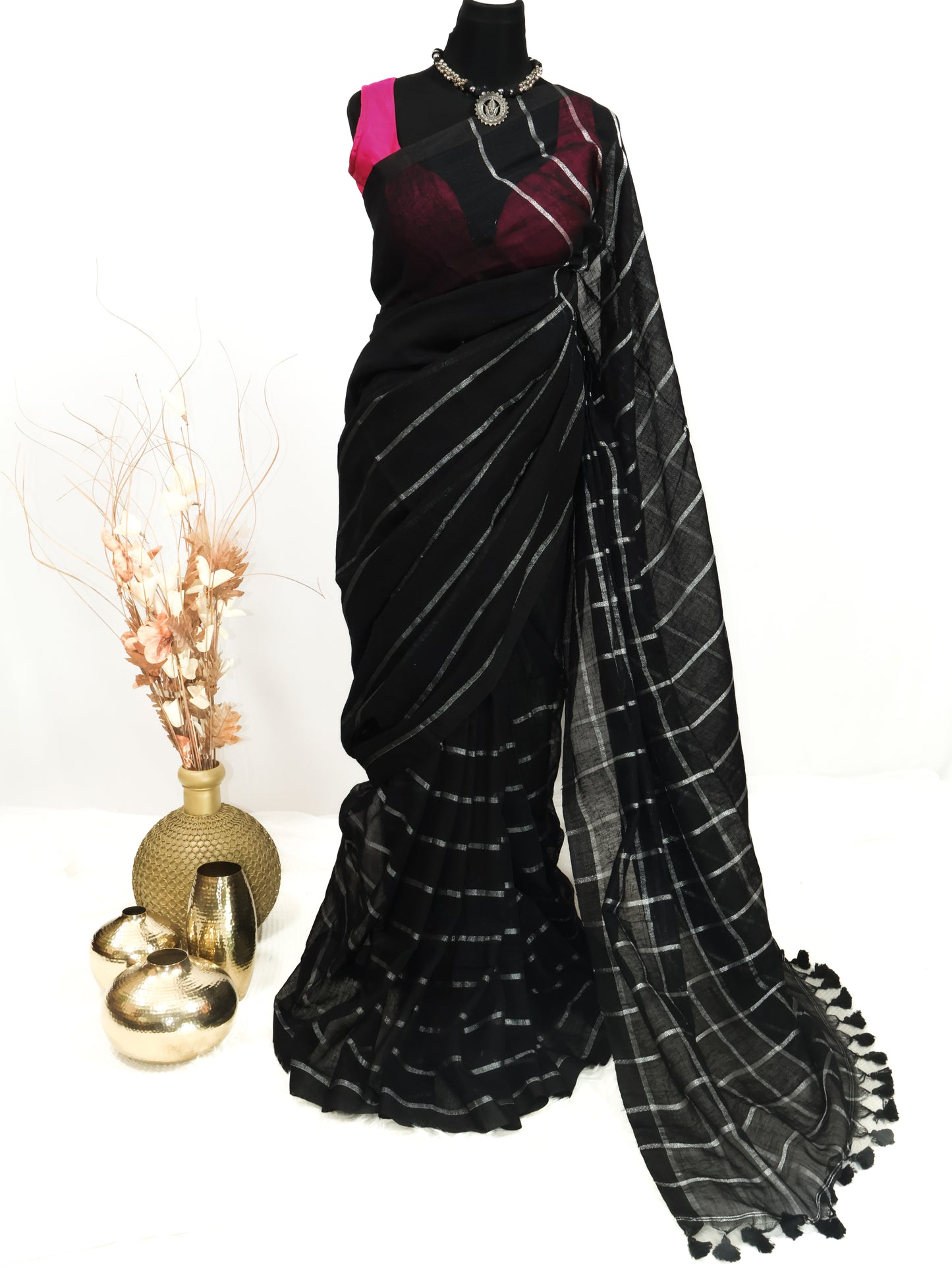 Black silver box linen saree-S220