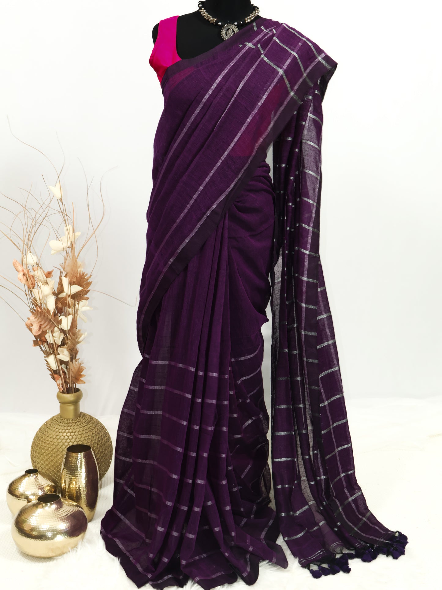 Purple silver box linen saree-S221