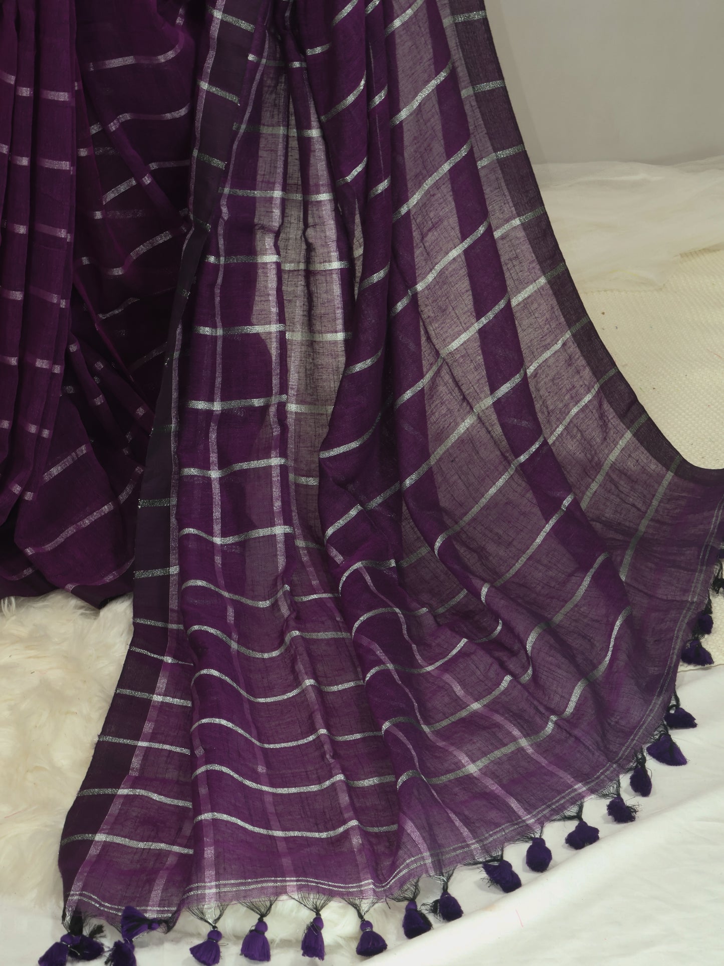 Purple silver box linen saree-S221