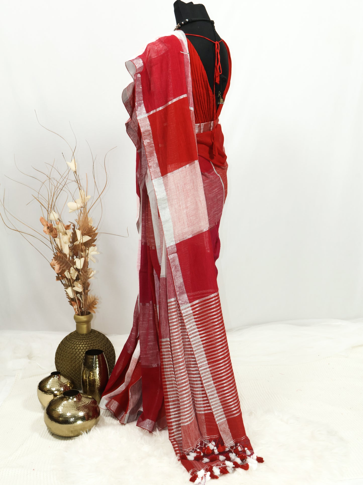 Red & pink  silver box linen saree-S222