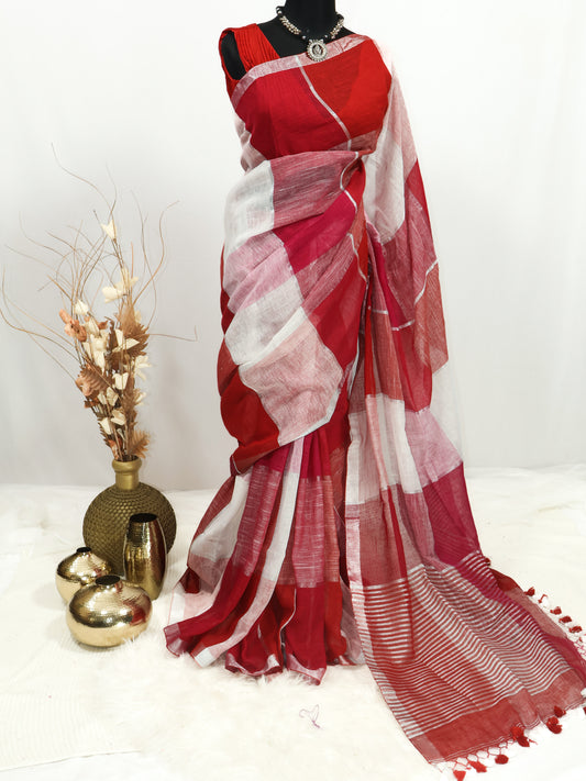 Red & pink  silver box linen saree-S222