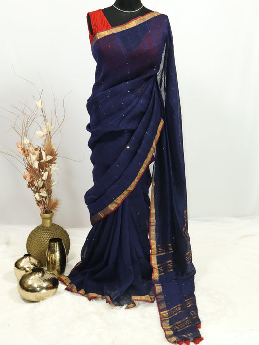 Royal blue sequence pure linen saree-S219