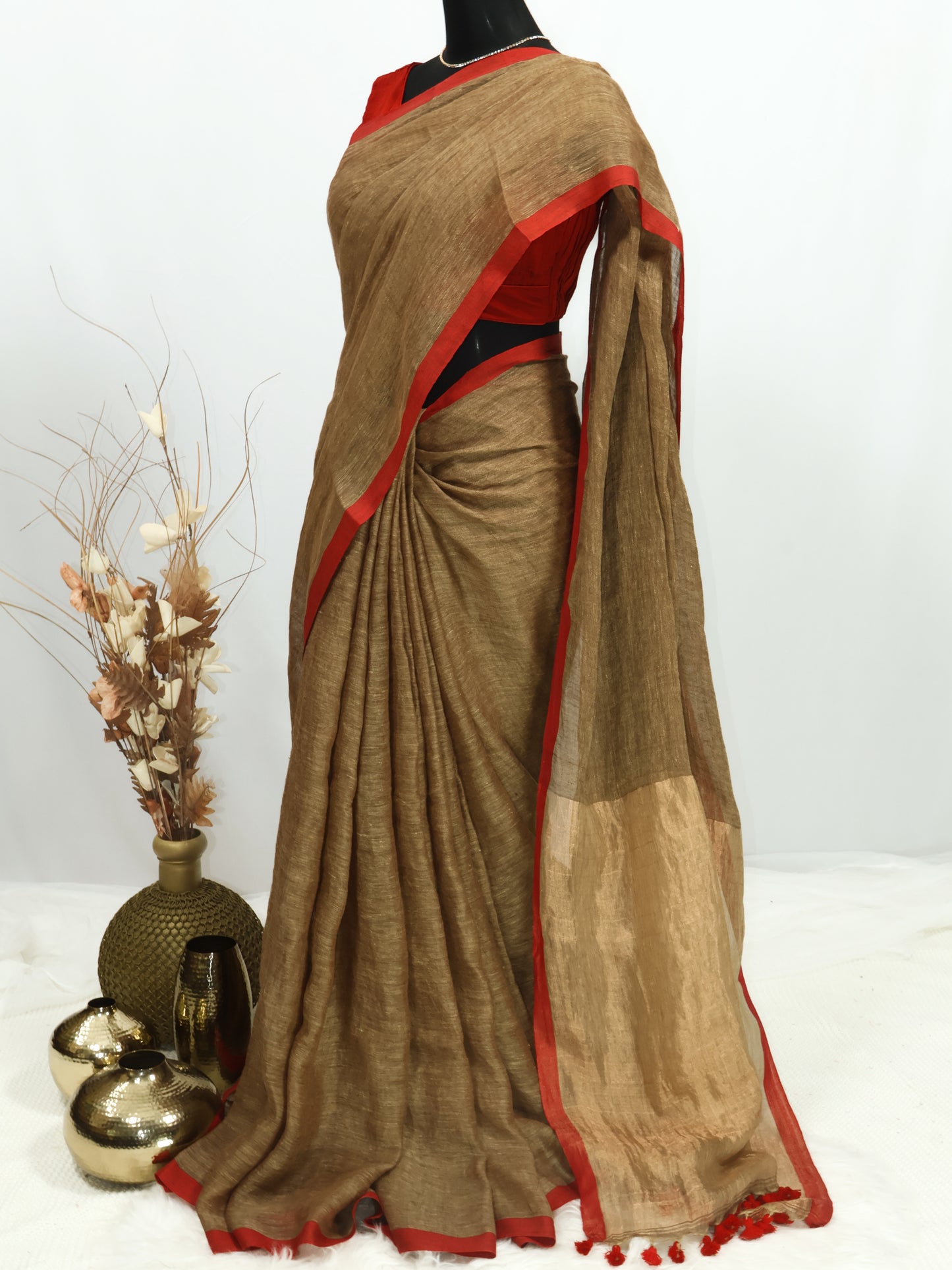 Beige color pure linen saree-S192