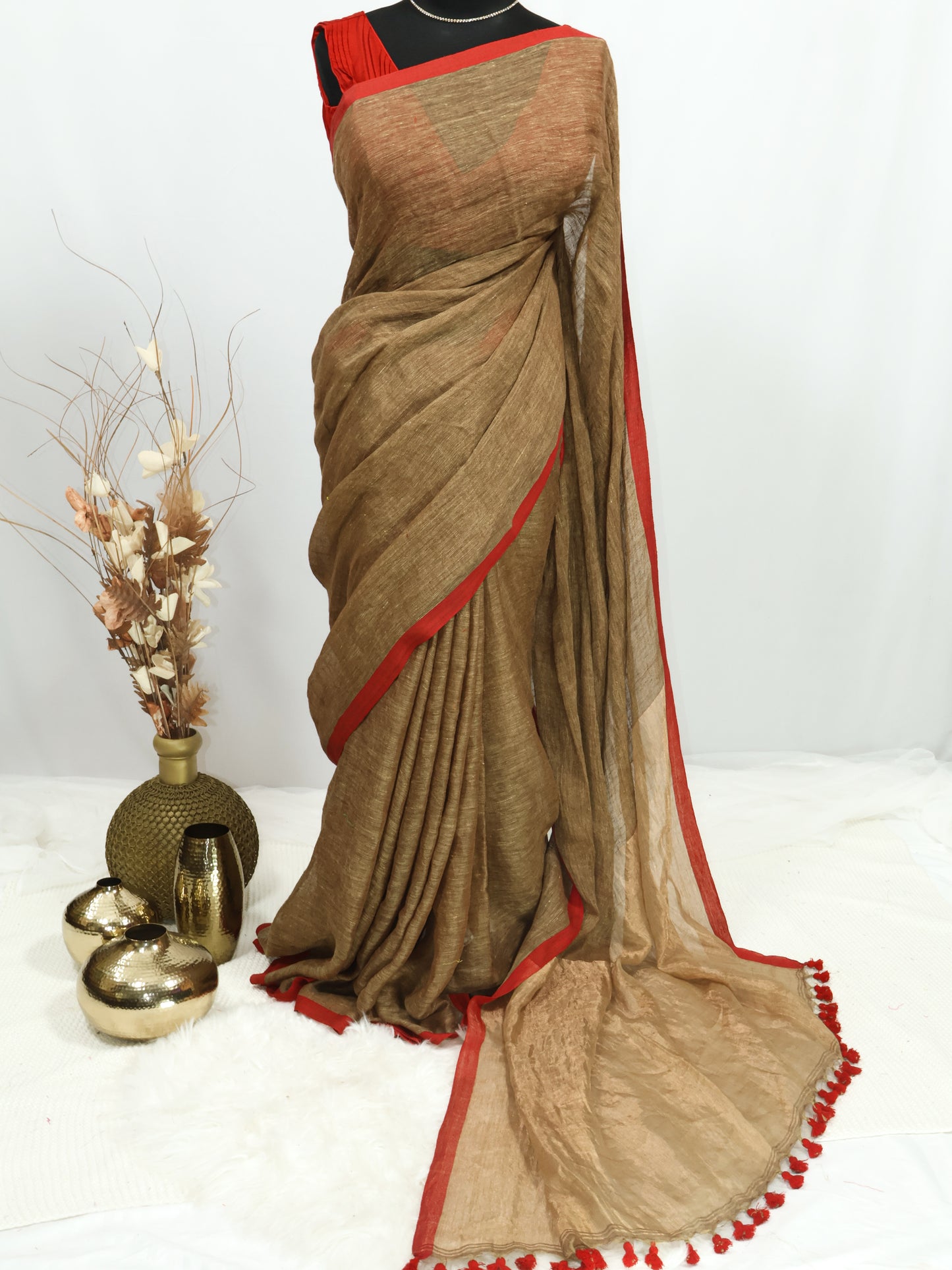 Beige color pure linen saree-S192