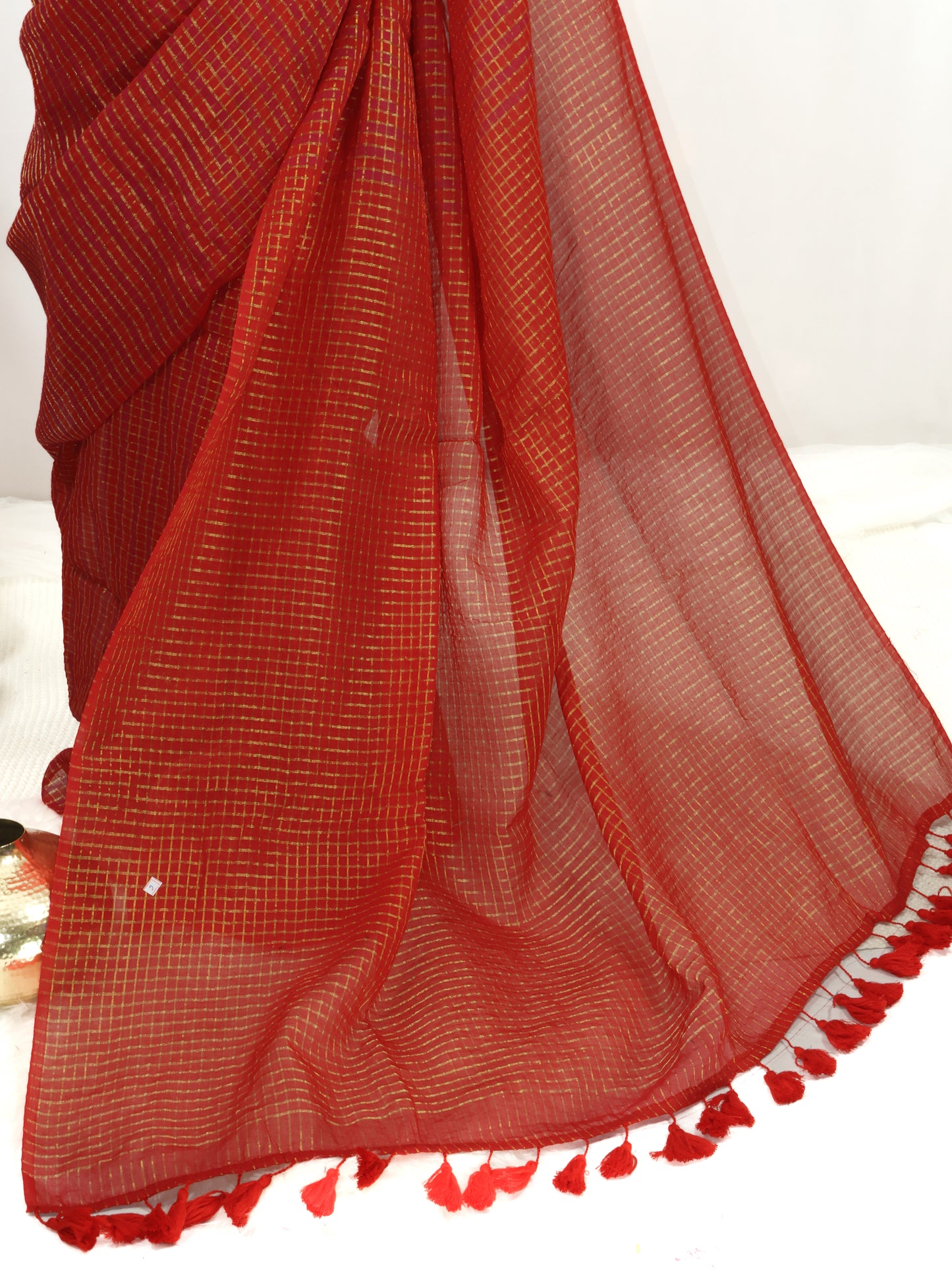 Red-rani pink-golden zari small box woven mul cotton saree-S202