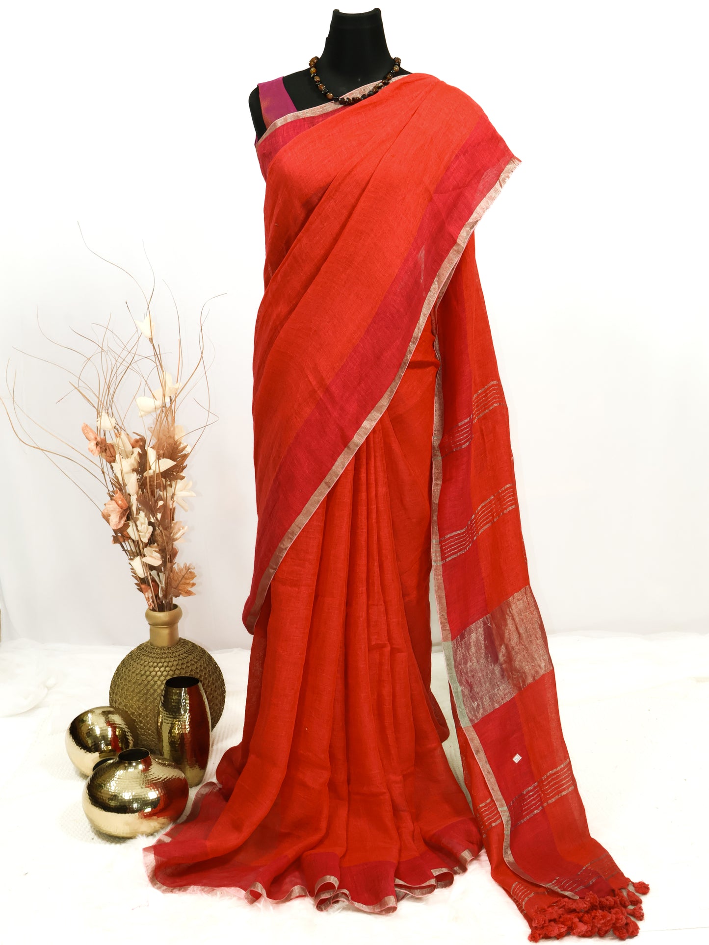 Peach & Rani pink color pure linen saree-S194