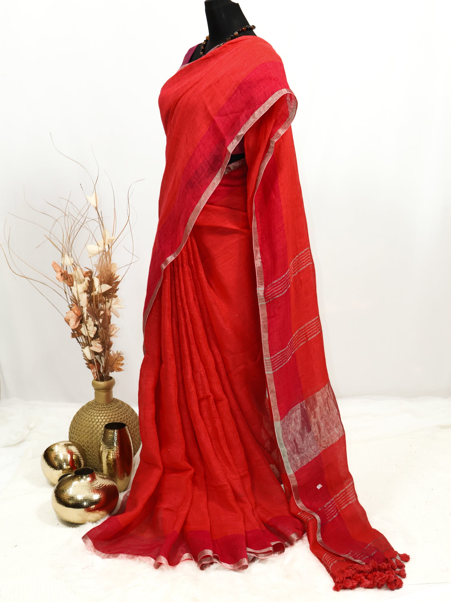 Peach & Rani pink color pure linen saree-S194