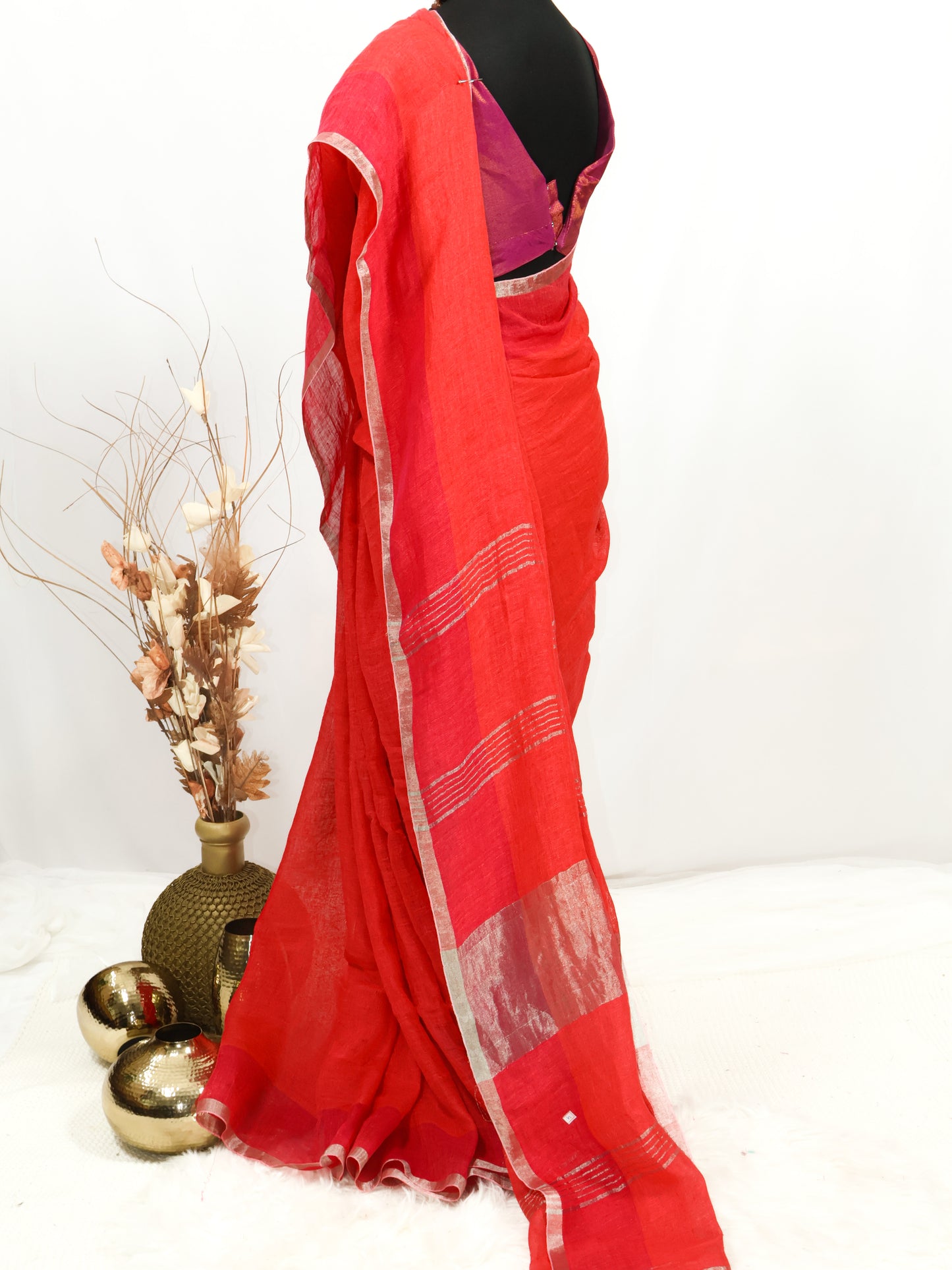 Peach & Rani pink color pure linen saree-S194