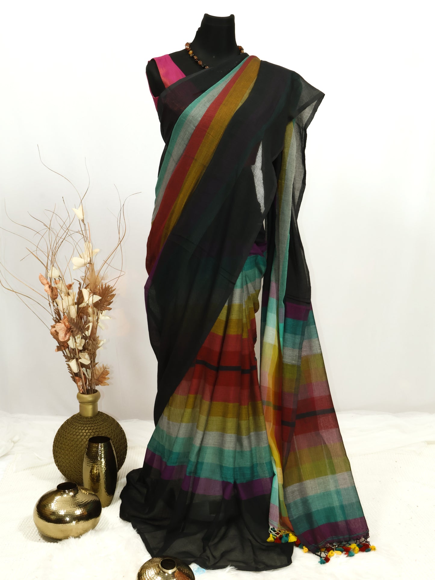 Rainbow black border mul cotton saree-S232