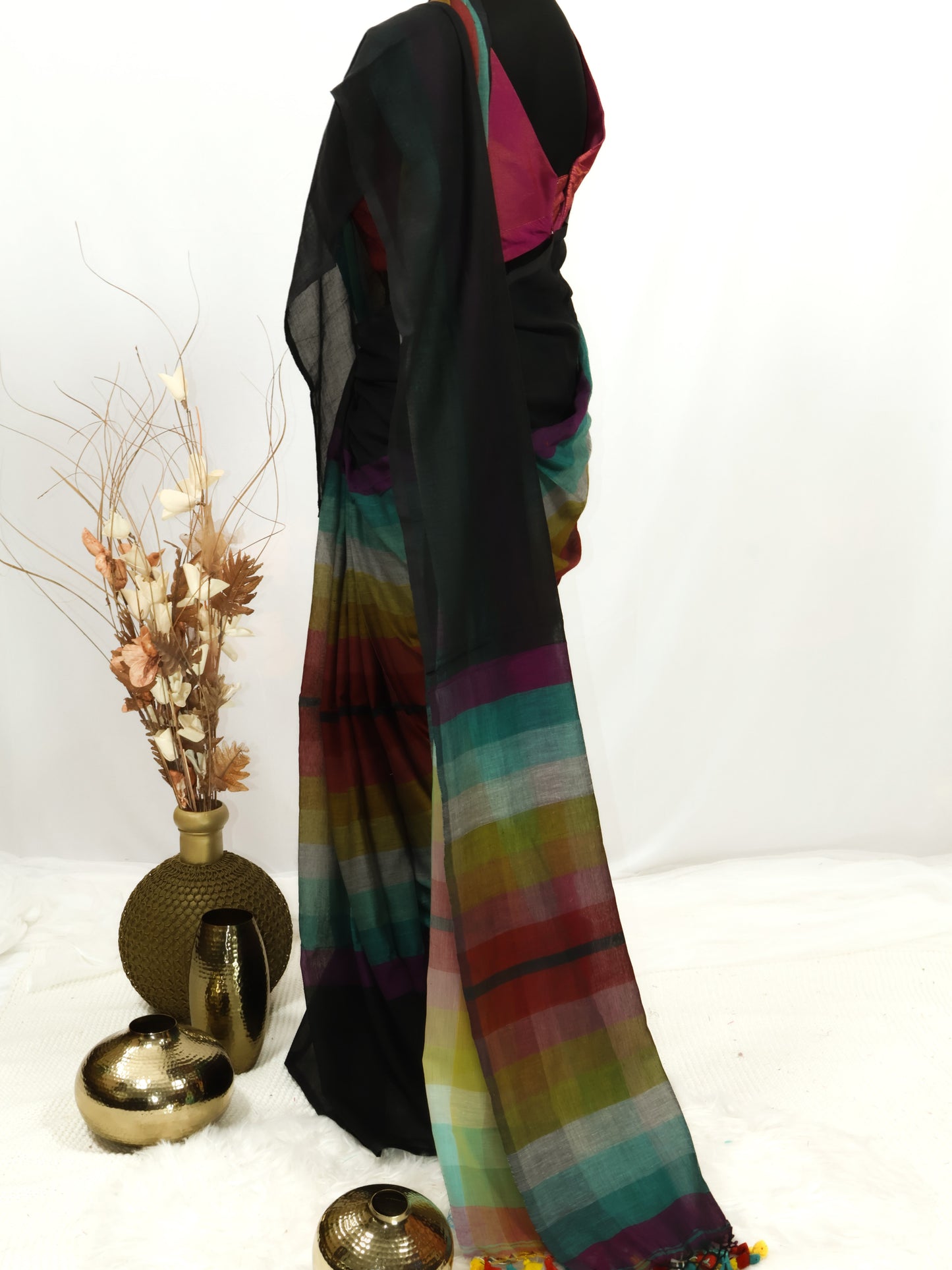 Rainbow black border mul cotton saree-S232