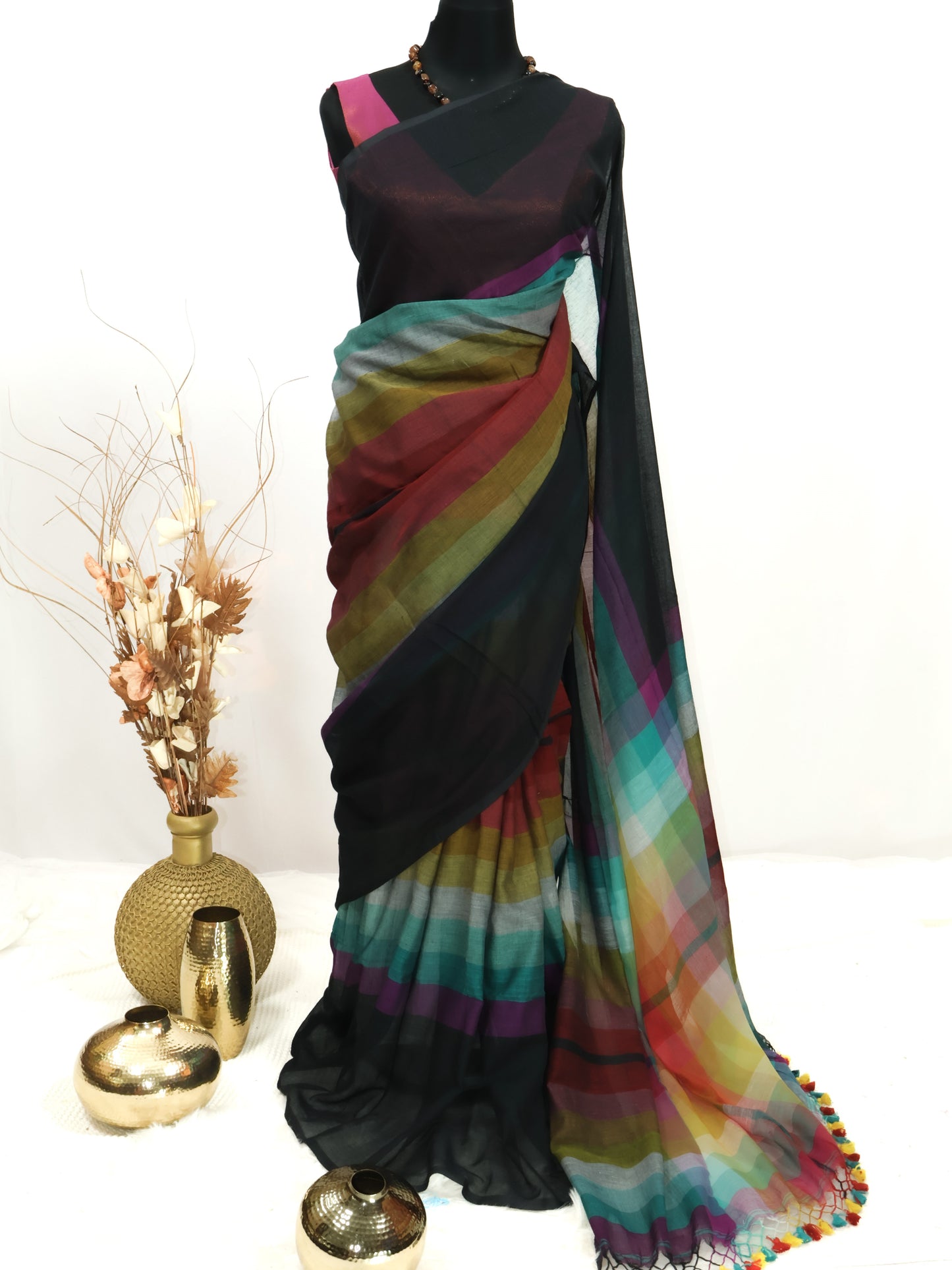 Rainbow black border mul cotton saree-S232