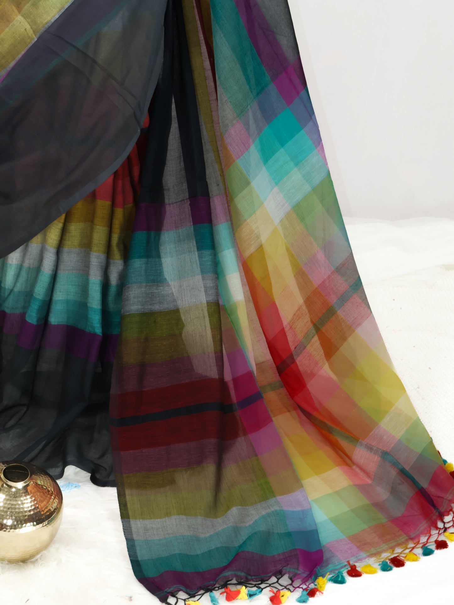 Rainbow black border mul cotton saree-S232