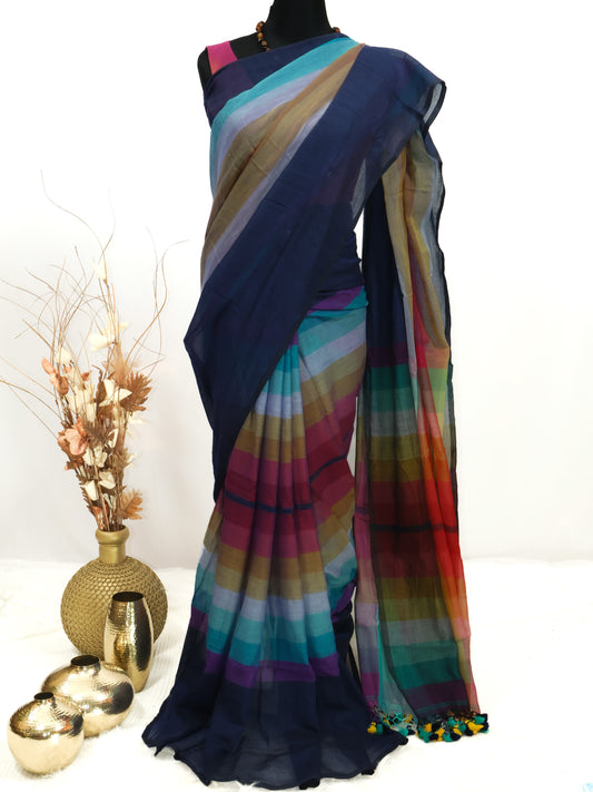 Rainbow naviblue border mul cotton saree-S231