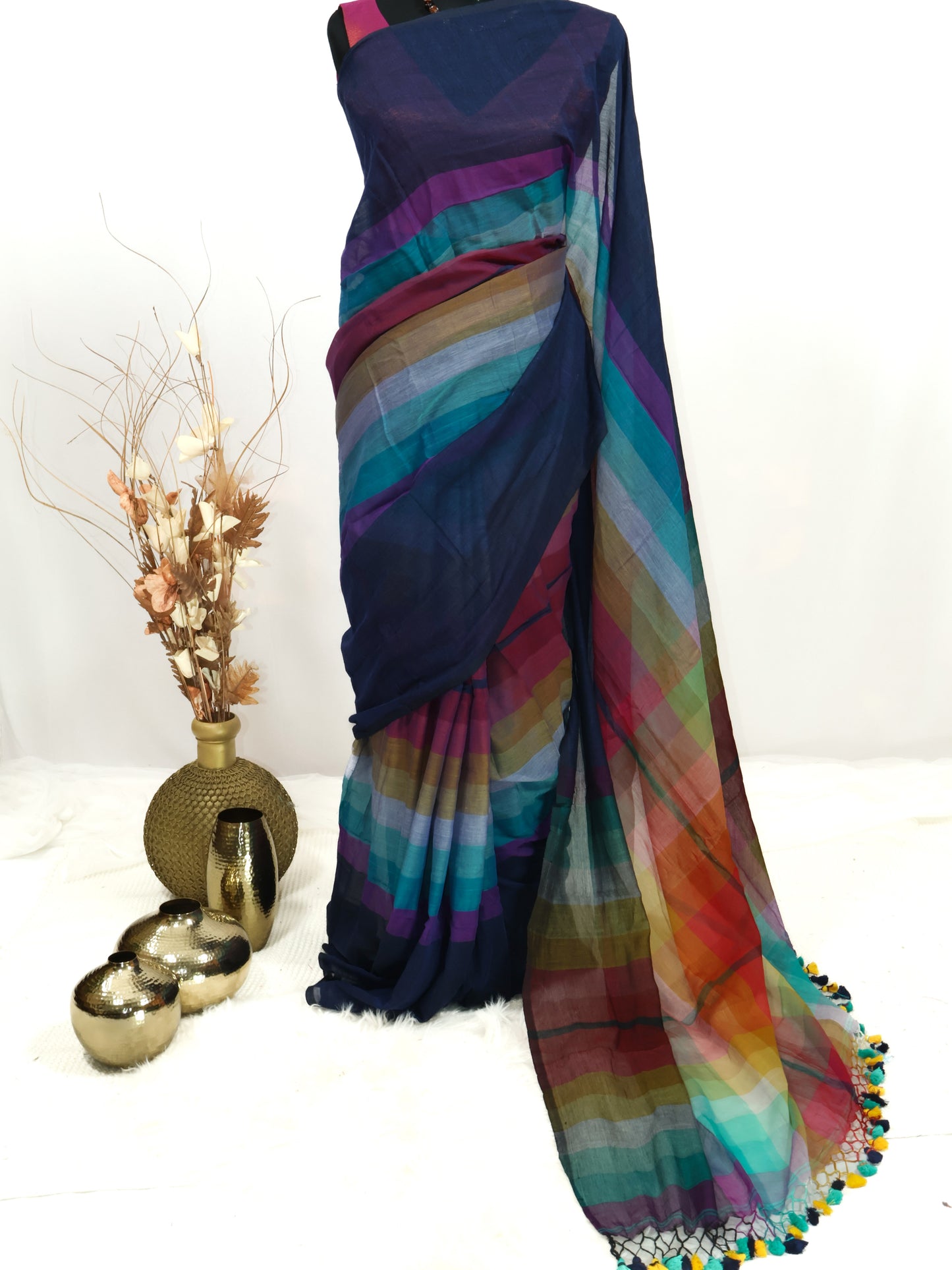 Rainbow naviblue border mul cotton saree-S231