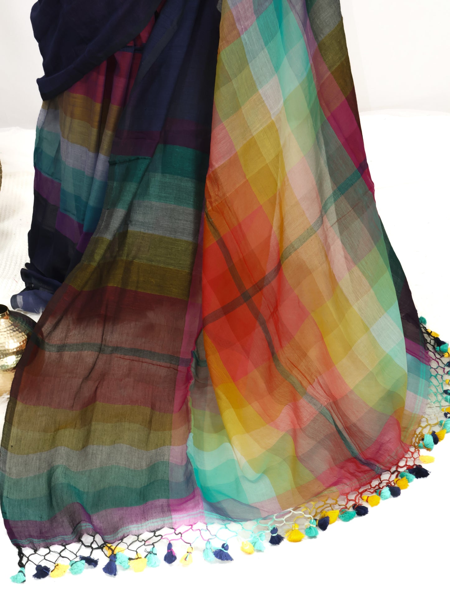 Rainbow naviblue border mul cotton saree-S231