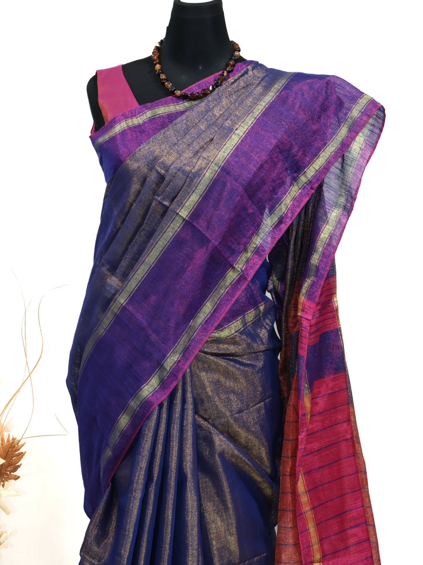 Golden,pink & purple combination Linen tissue saree-S226