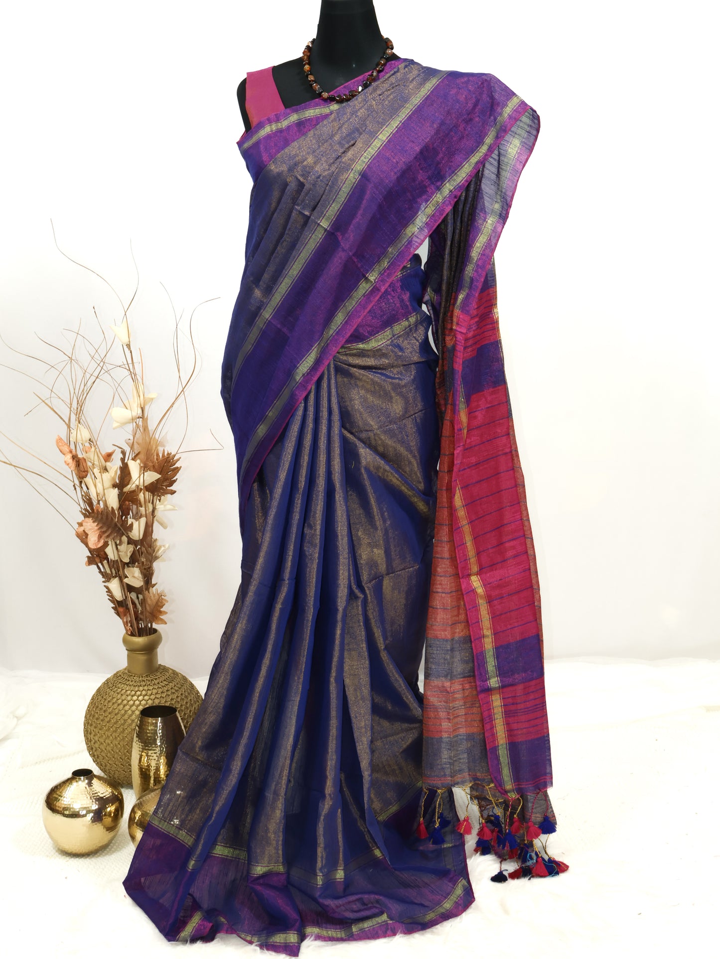 Golden,pink & purple combination Linen tissue saree-S226