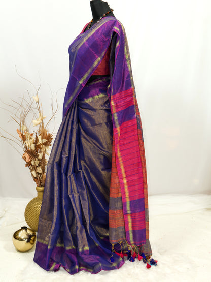 Purple & Gold Linen Tissue Saree with Contrast Pink Pallu