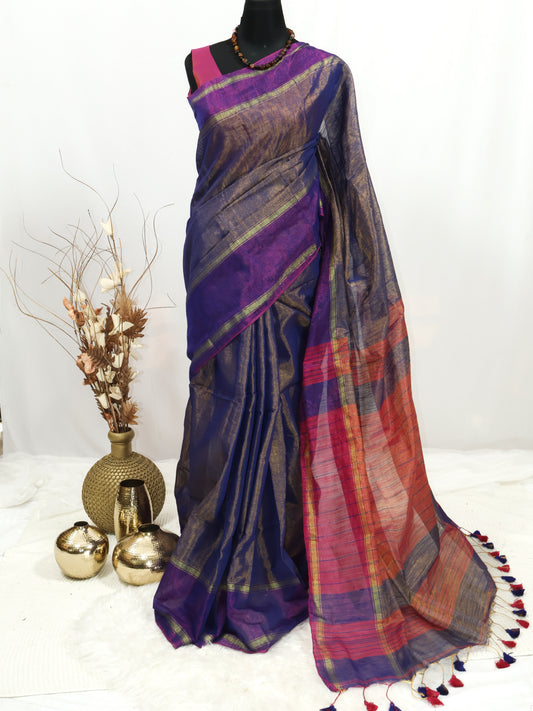 Golden,pink & purple combination Linen tissue saree-S226