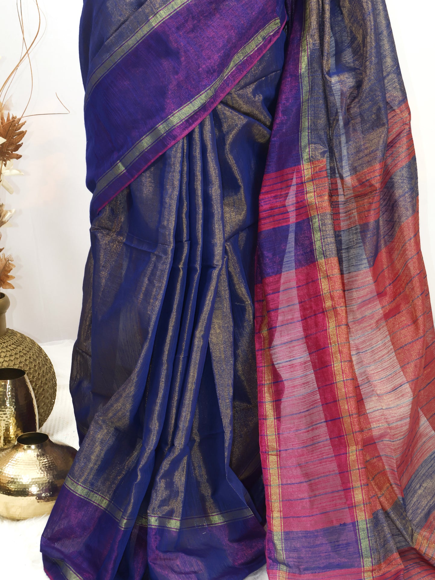 Golden,pink & purple combination Linen tissue saree-S226