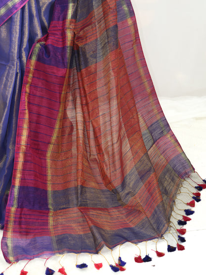 Purple & Gold Linen Tissue Saree with Contrast Pink Pallu