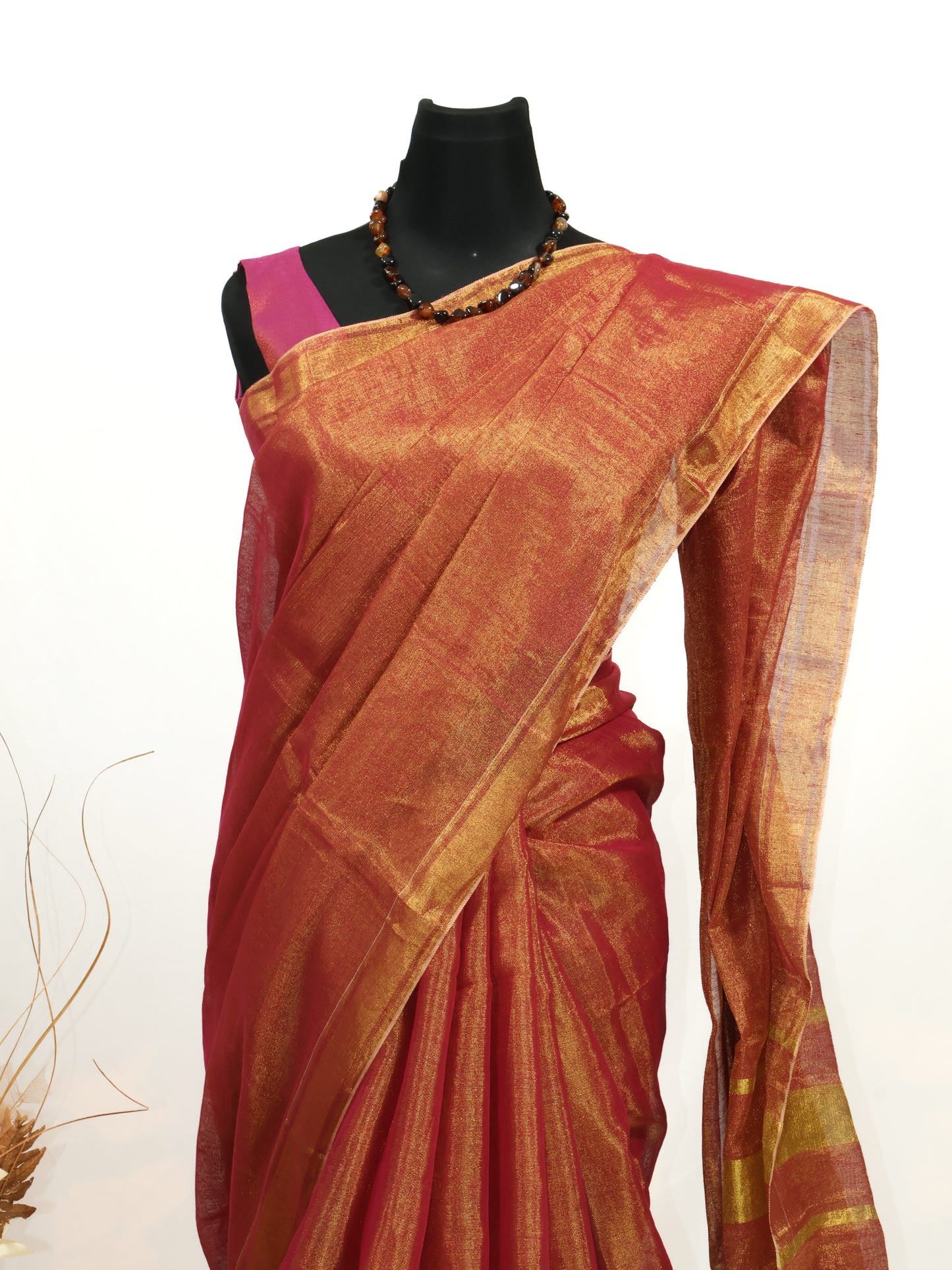 Golden & rani pink combination Linen tissue saree-S224