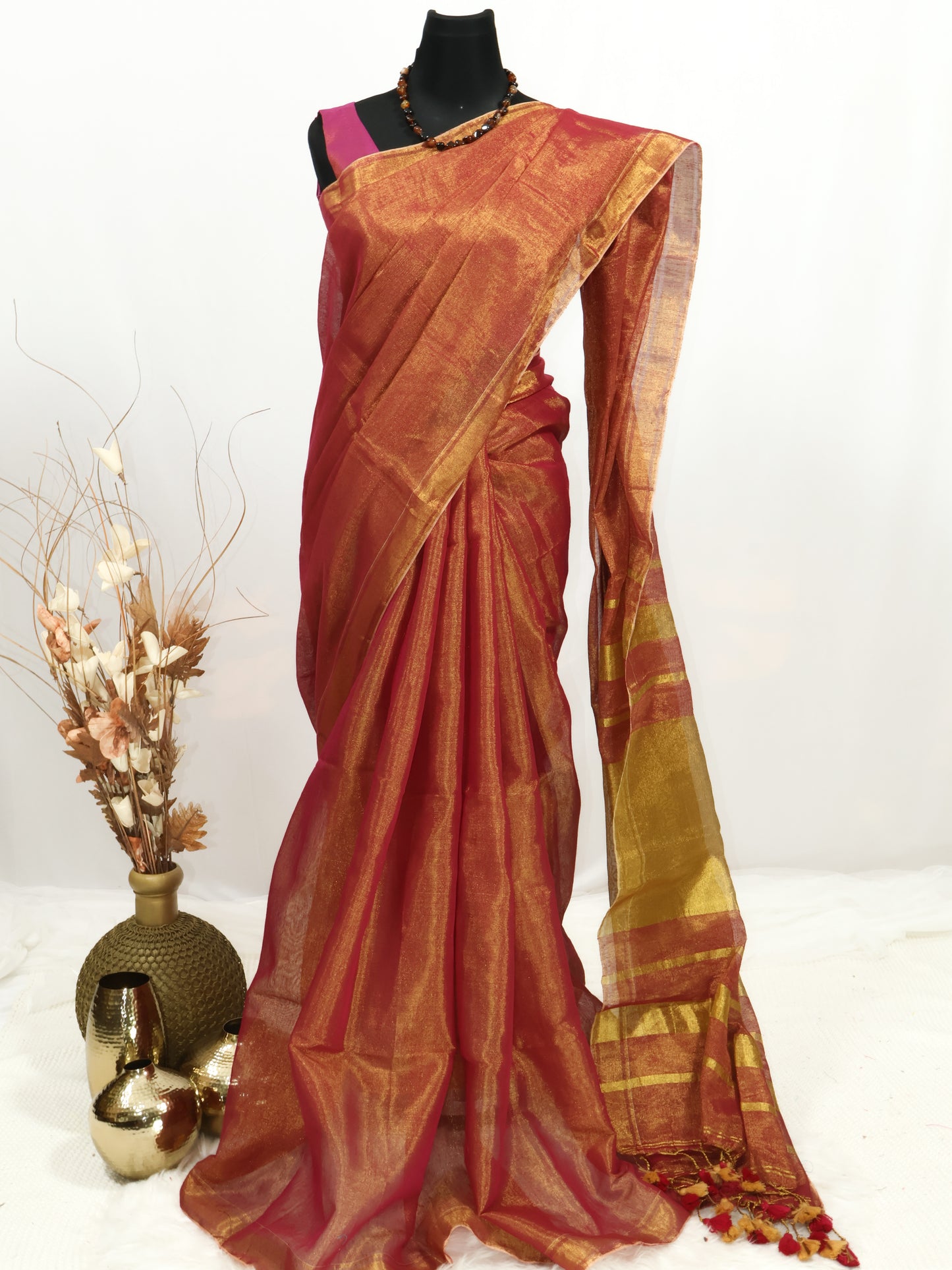 Golden & rani pink combination Linen tissue saree-S224