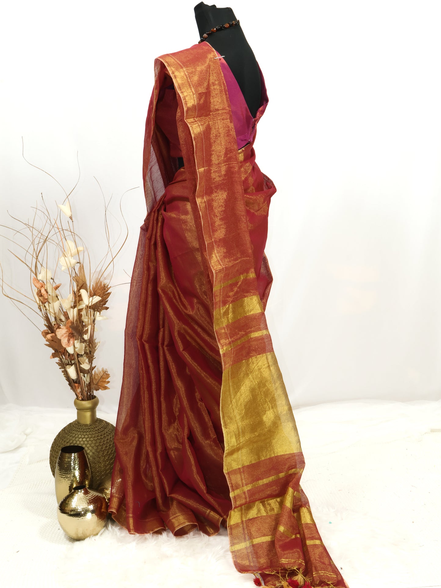 Golden & rani pink combination Linen tissue saree-S224