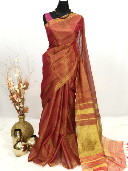 Orange & Gold Linen Tissue Saree with Classic Golden Border