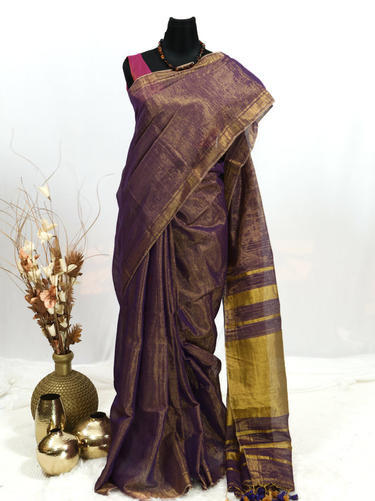 Golden & lavender combination Linen tissue saree-S225