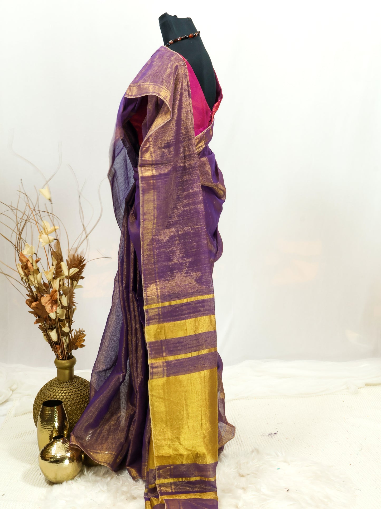 Golden & lavender combination Linen tissue saree-S225