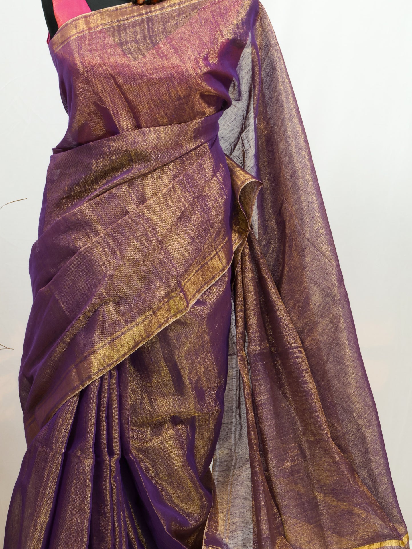 Golden & lavender combination Linen tissue saree-S225