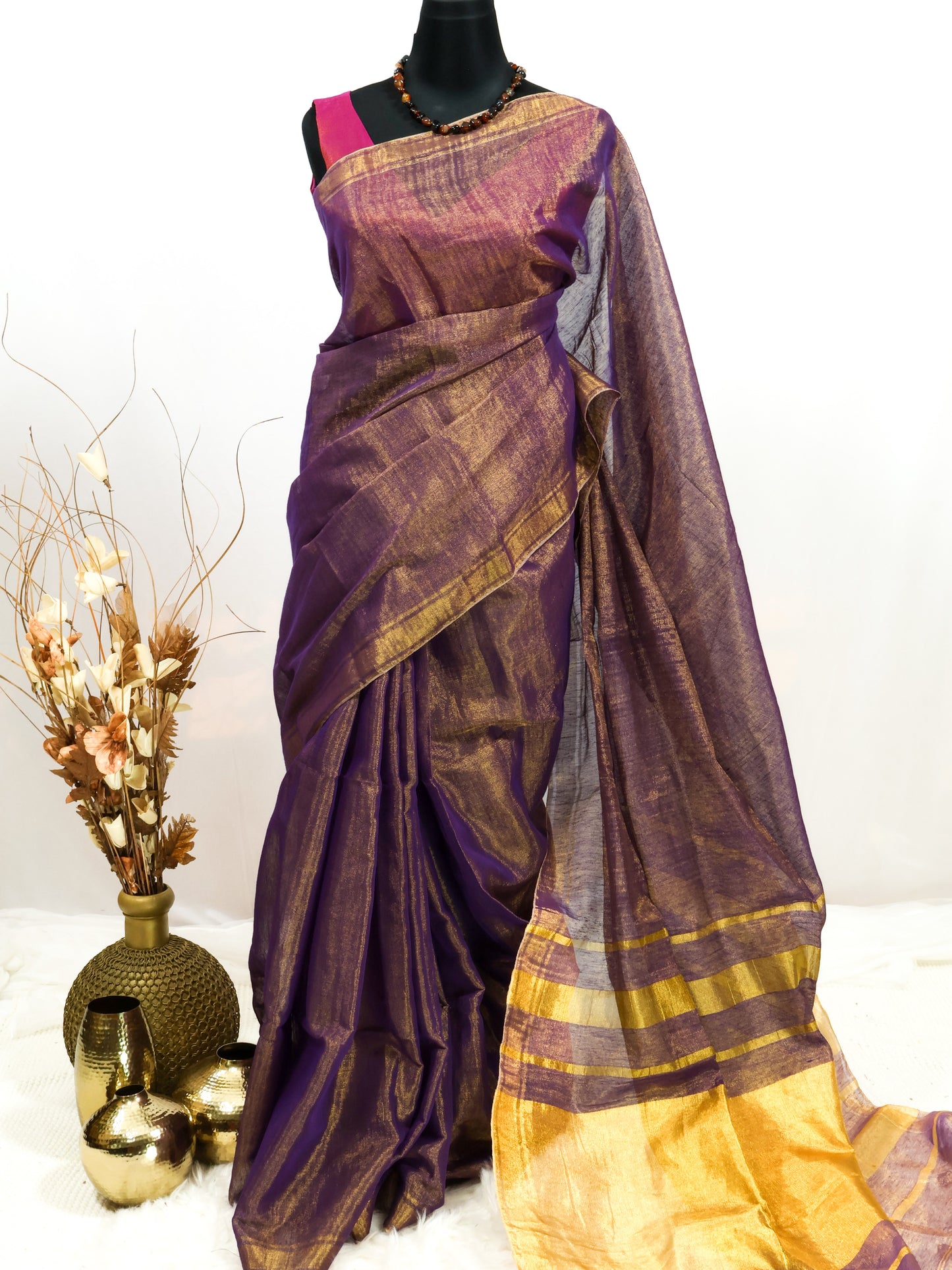 Golden & lavender combination Linen tissue saree-S225