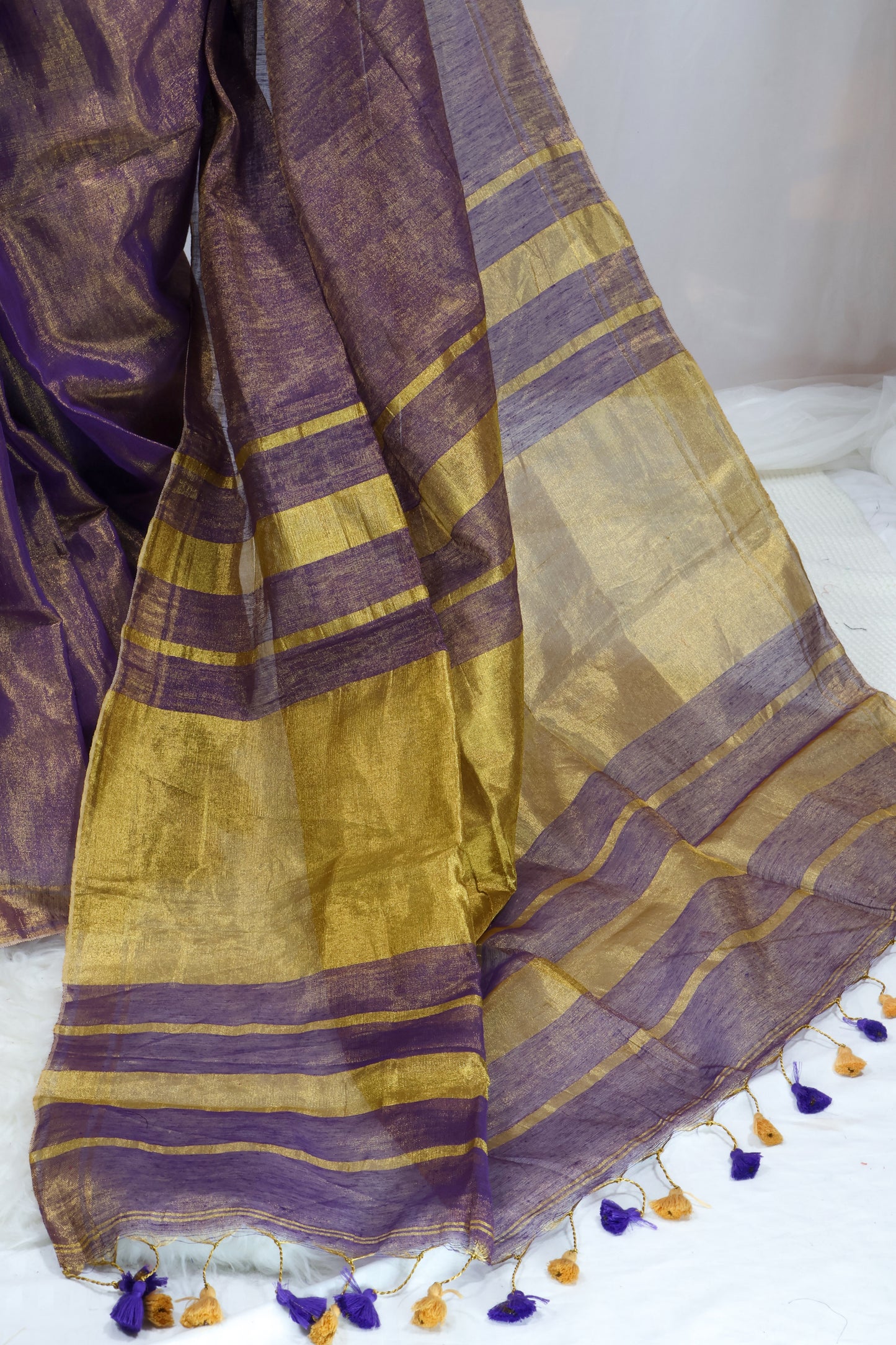 Golden & lavender combination Linen tissue saree-S225