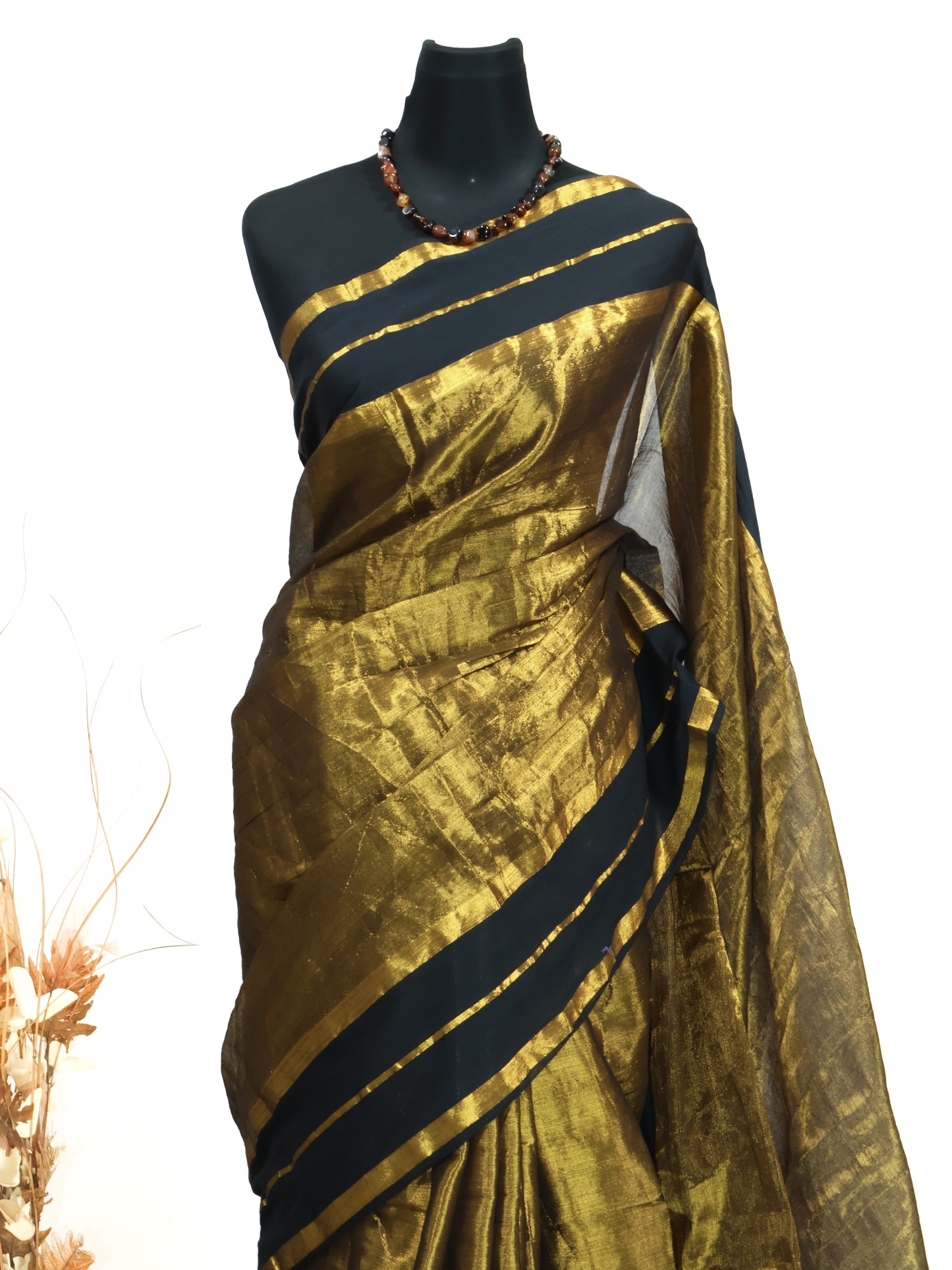 Golden tissue saree with mul cotton border-S188