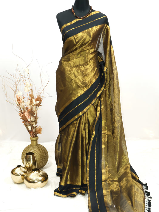 Golden tissue saree with mul cotton border-S188