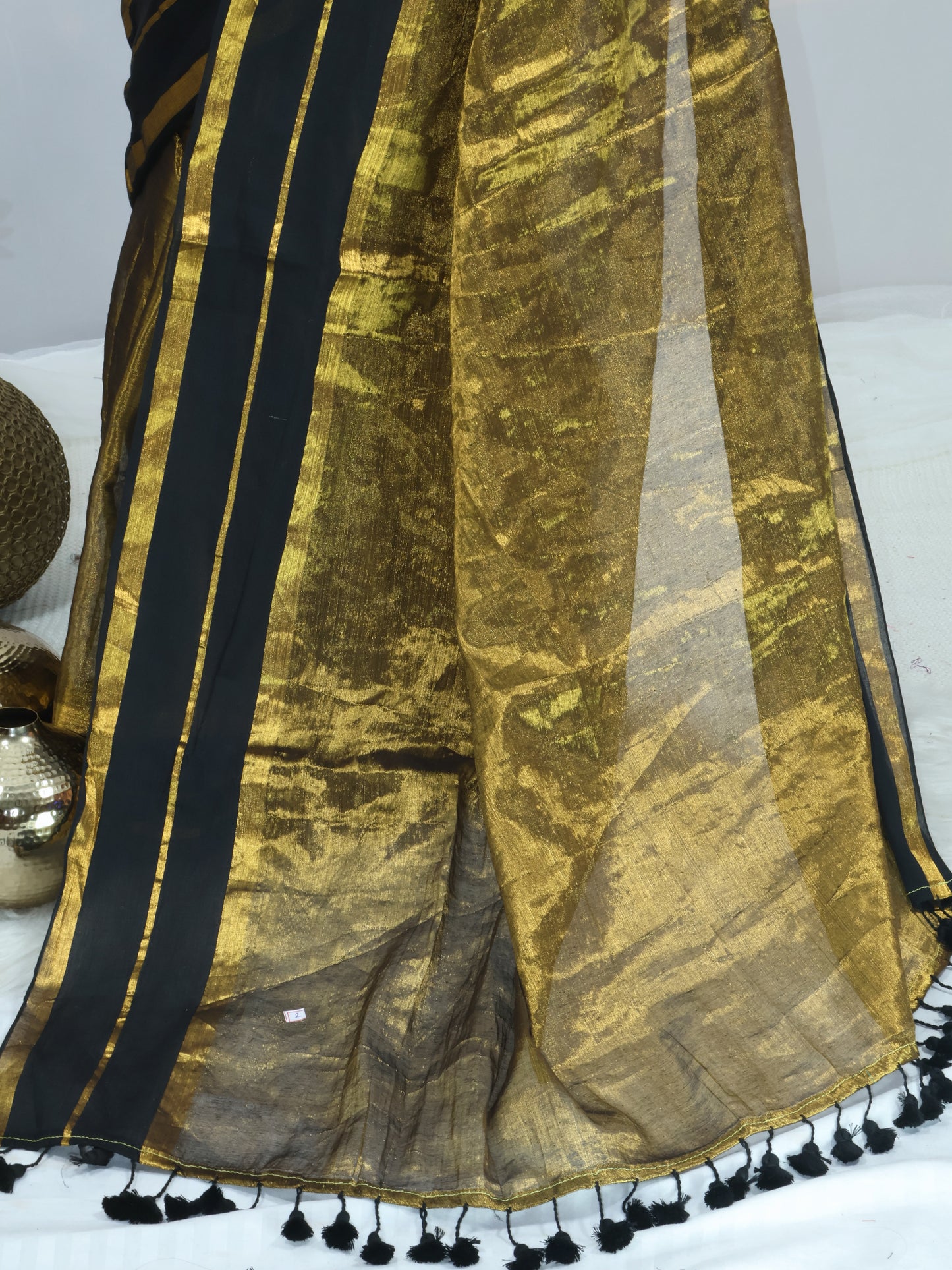 Golden tissue saree with mul cotton border-S188