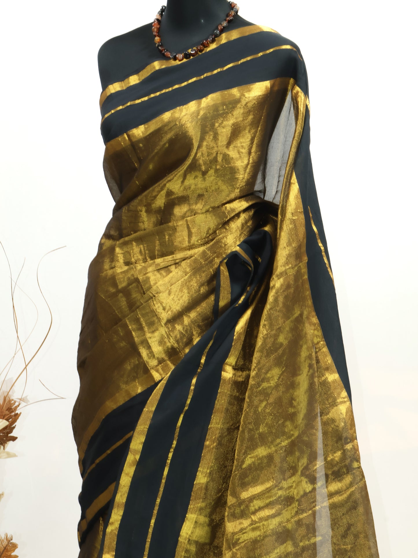 Golden tissue saree with mul cotton border-S188