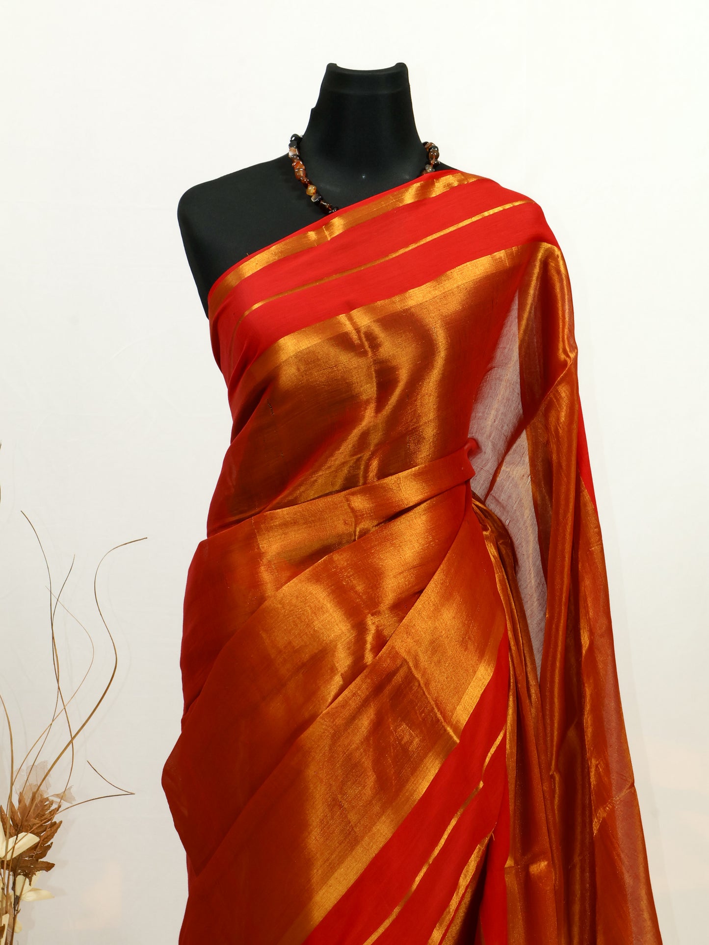 Golden tissue saree with mul cotton border-S187