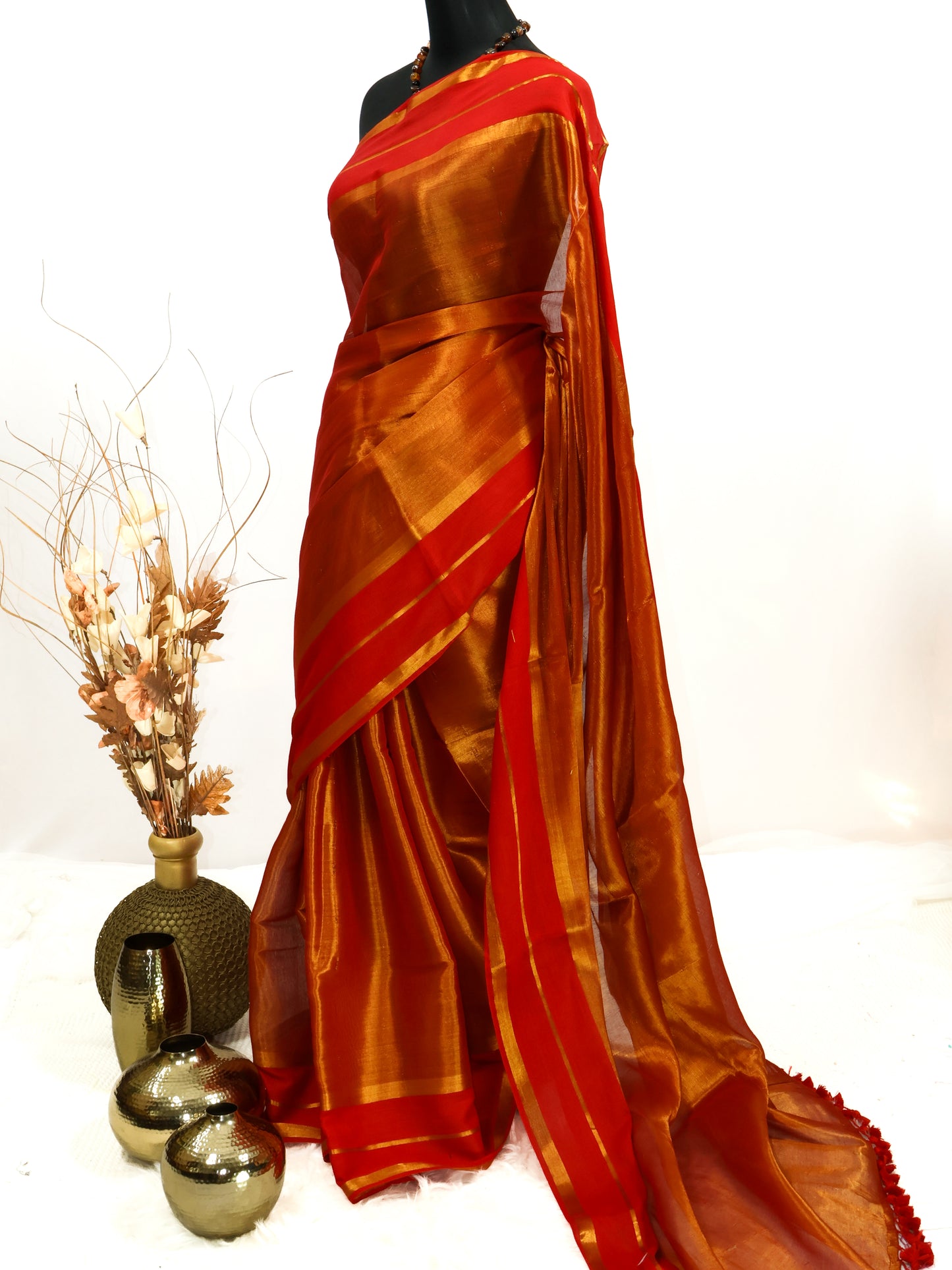 Golden tissue saree with mul cotton border-S187