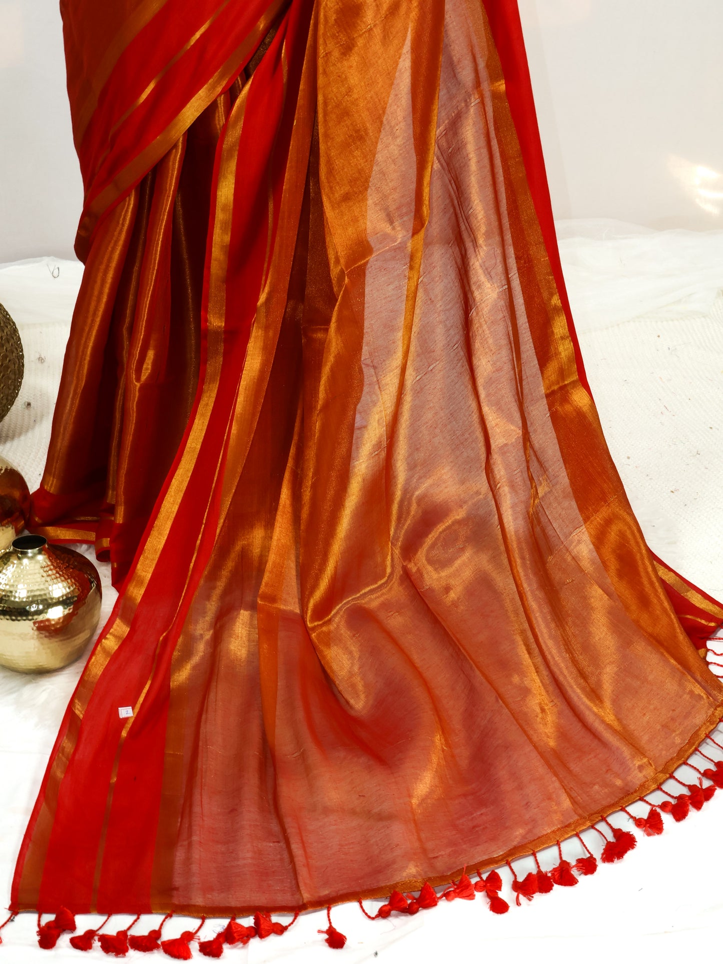 Golden tissue saree with mul cotton border-S187