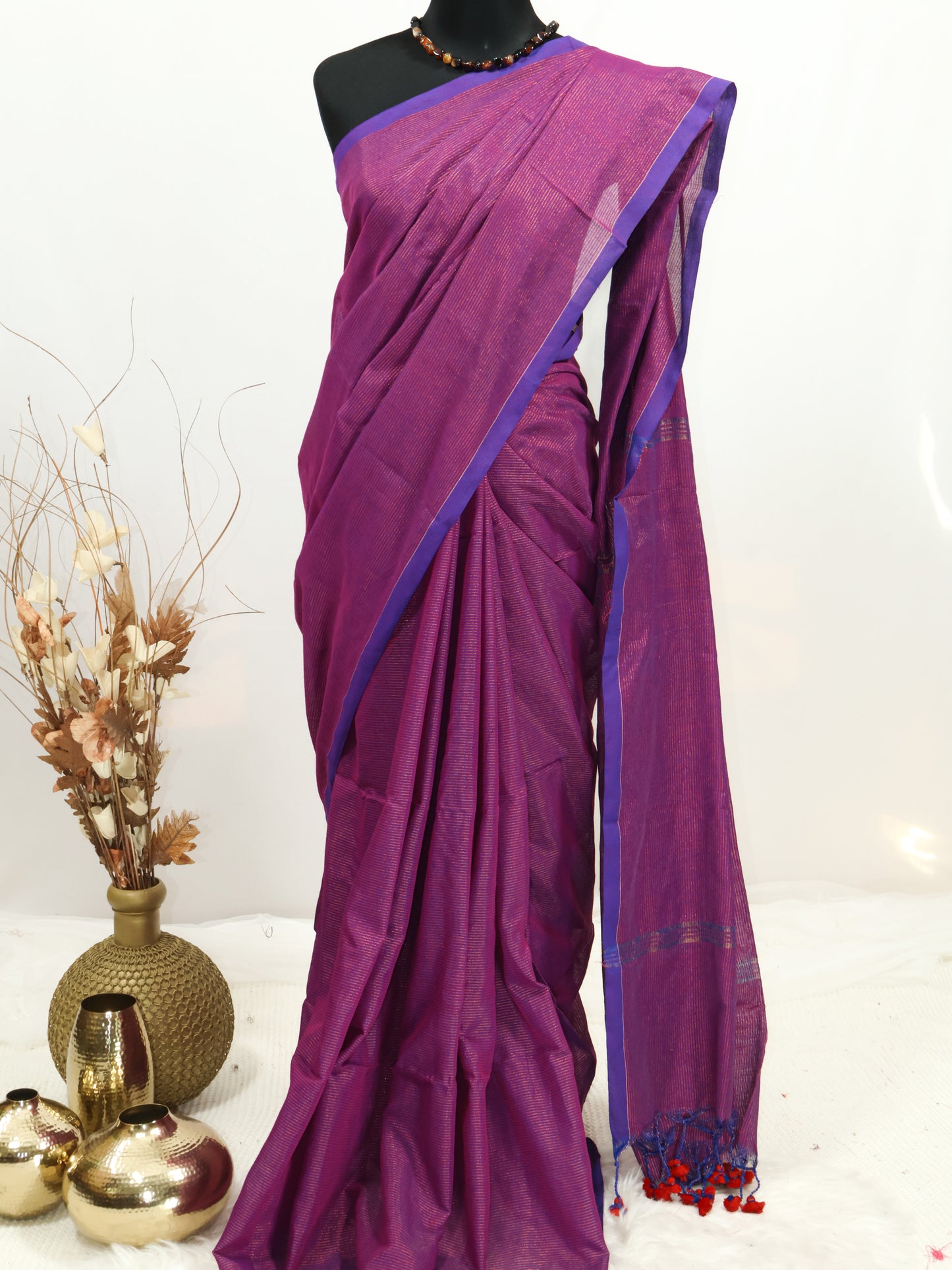 Golden zari stripe  khadi cotton saree-S172