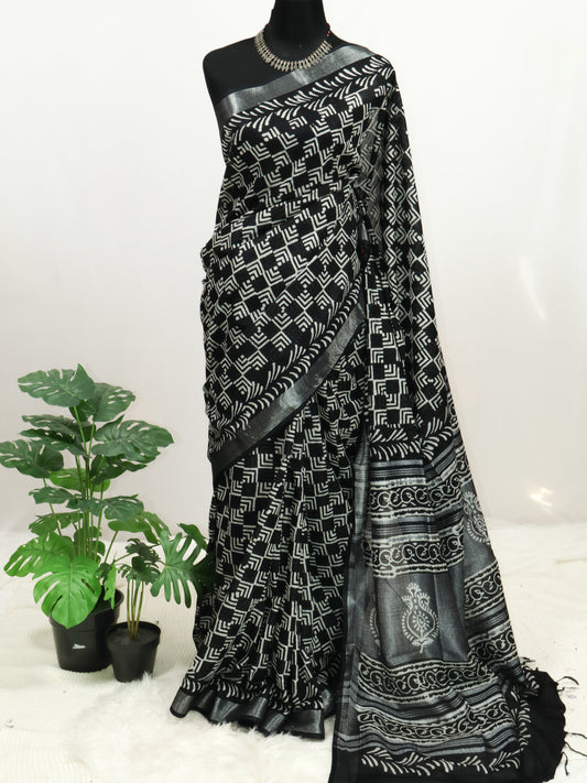 Bagru/dabu printed Linen-cotton saree-S153