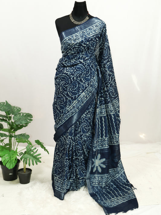 Bagru/dabu printed Linen-cotton saree-S152