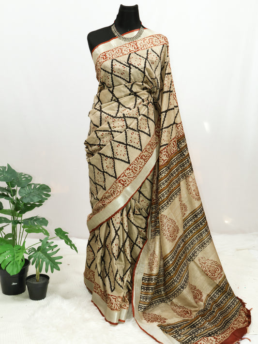 Bagru/dabu printed Linen-cotton saree-S151